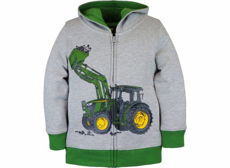 Dětská mikina John Deere fleesová na zip s traktorem, šedá - pohled zepředu