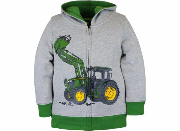 DĚTSKÁ MIKINA JOHN DEERE FLEESOVÁ NA ZIP S TRAKTOREM, ŠEDÁ