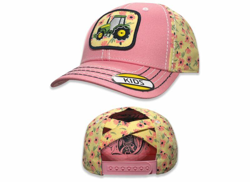 Dětská kšiltovka John Deere růžová s kytičkami - pohled zepředu a zezadu