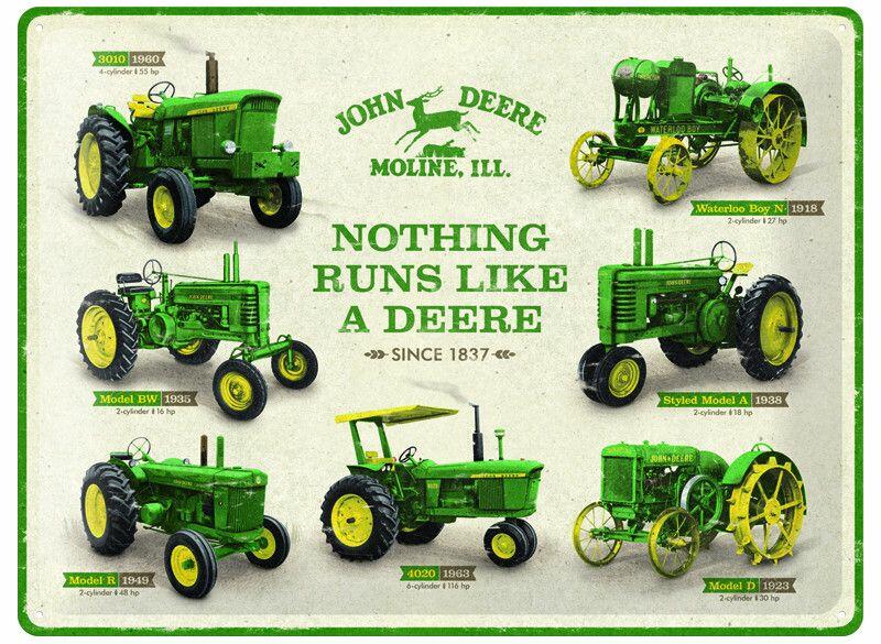Plechová cedule John Deere 30x40 cm s historickými traktory