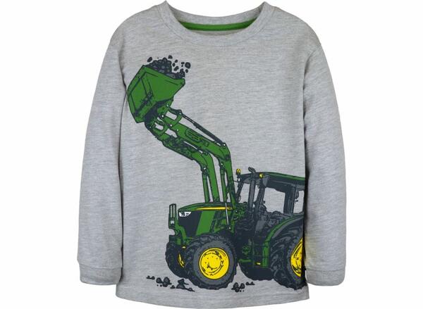 DĚTSKÉ TRIČKO JOHN DEERE S DLOUHÝM RUKÁVEM BUCKET TRACTOR, ŠEDÉ