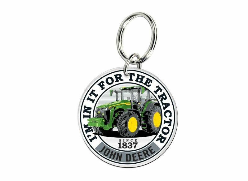 Klíčenka John Deere kulatá s traktorem, bílá