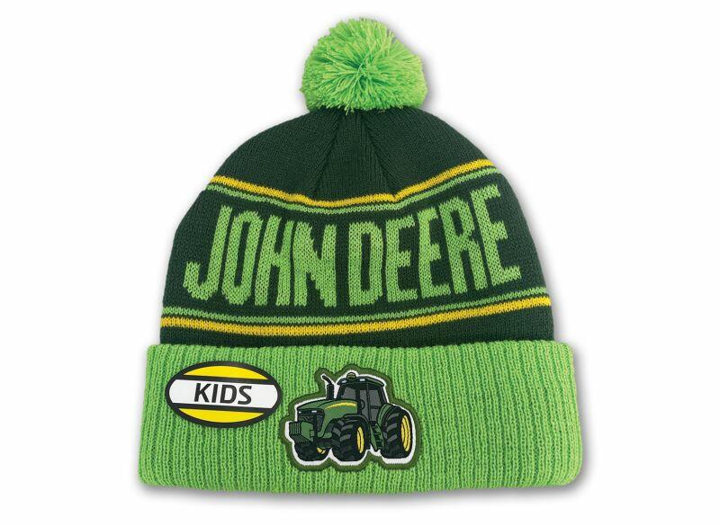 Dětská čepice John Deere s traktorem, zelená - pohled zepředu