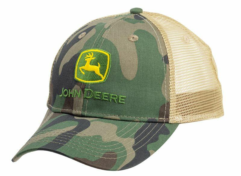 Kšiltovka John Deere maskovací s logem a síťovinou vzadu - pohled zepředu