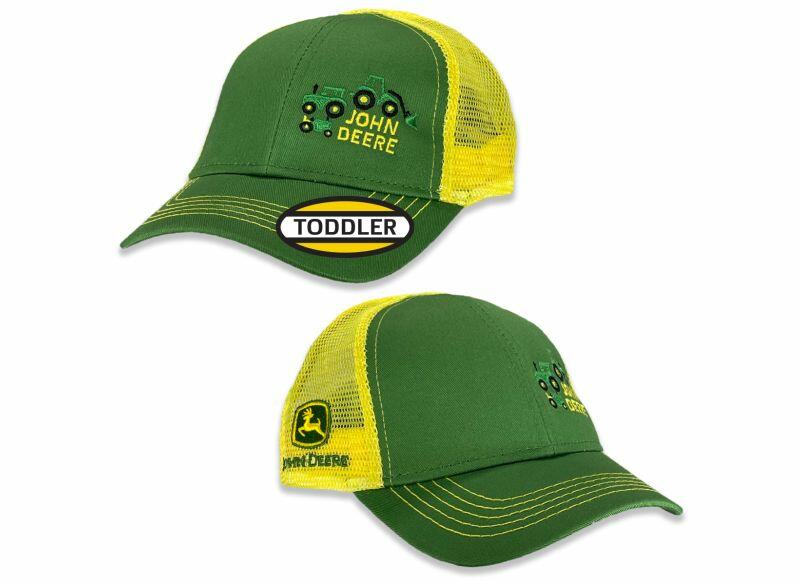 Dětská kšiltovka John Deere zelená 3 traktory, žlutá síťka - pohled zepředu a zezadu