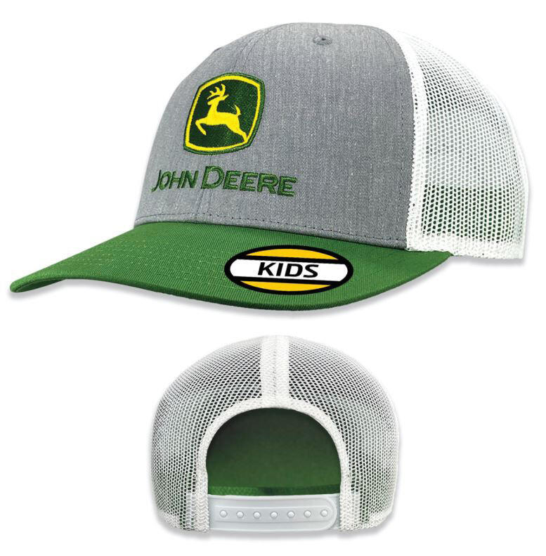 Dětská kšiltovka John Deere s logem a bílou síťkou, šedá - pohled zepředu a zezadu