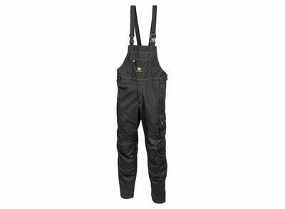 Pracovní lacláče John Deere, černé - pohled zepředu