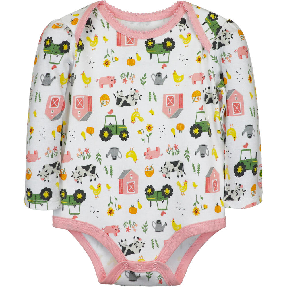 DĚTSKÉ BODY JOHN DEERE FARM ELEMENTS S DLOUHÝM RUKÁVEM, RŮŽOVÉ