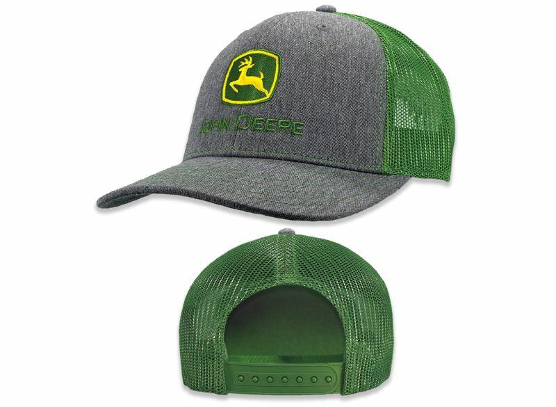 Kšiltovka John Deere šedá logo barva a zelená síťka - pohled zepředu a zezadu
