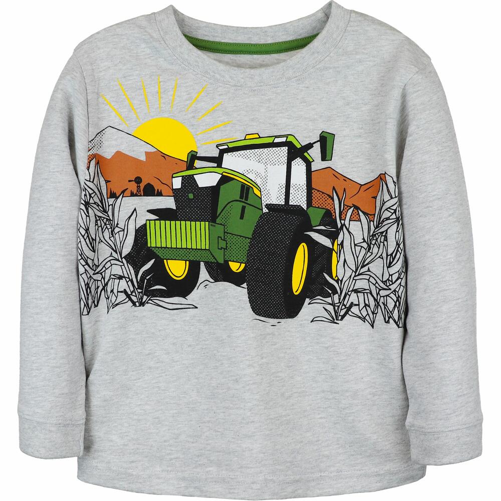 Dětské tričko John Deere s dlouhým rukávem Rugged Traktor, světle šedé - pohled zepředu