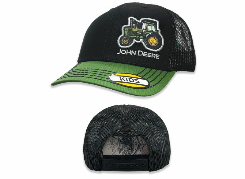 Dětská kšiltovka John Deere traktor na černé se síťkou - pohled zepředu a zezadu