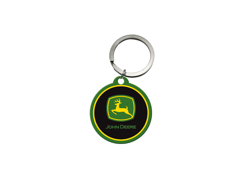 Klíčenka John Deere kulatá s logem, černá - pohled zepředu