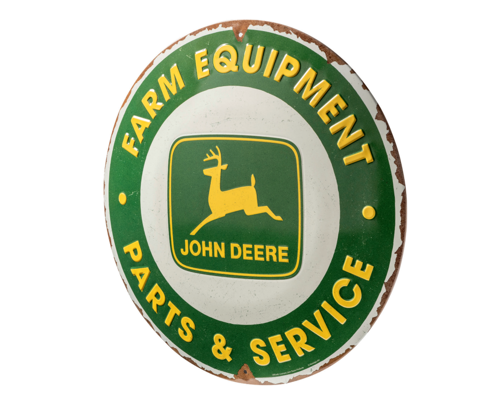 Kulatá reklamní cedule John Deere Farm Equipment - pohled ze strany