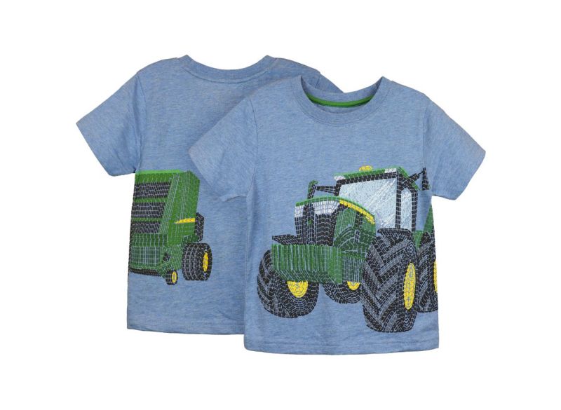 Dětské John Deere tričko Hay Baller, modré - pohled zepředu i zezadu