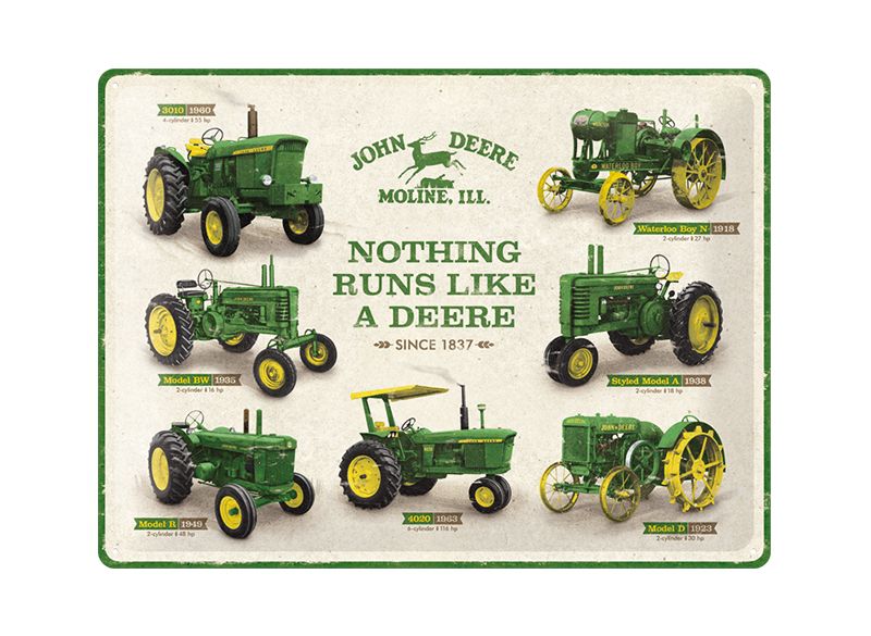 Plechová cedule John Deere 30x40 cm s historickými traktory